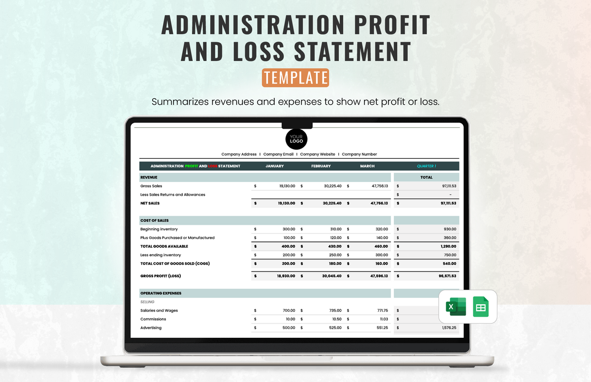 Administration Profit and Loss Statement Template